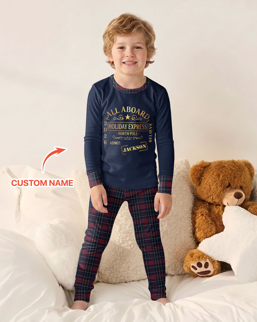Custom Name North Pole Plaid Bamboo Two Piece Long Sleeve Pajama Set