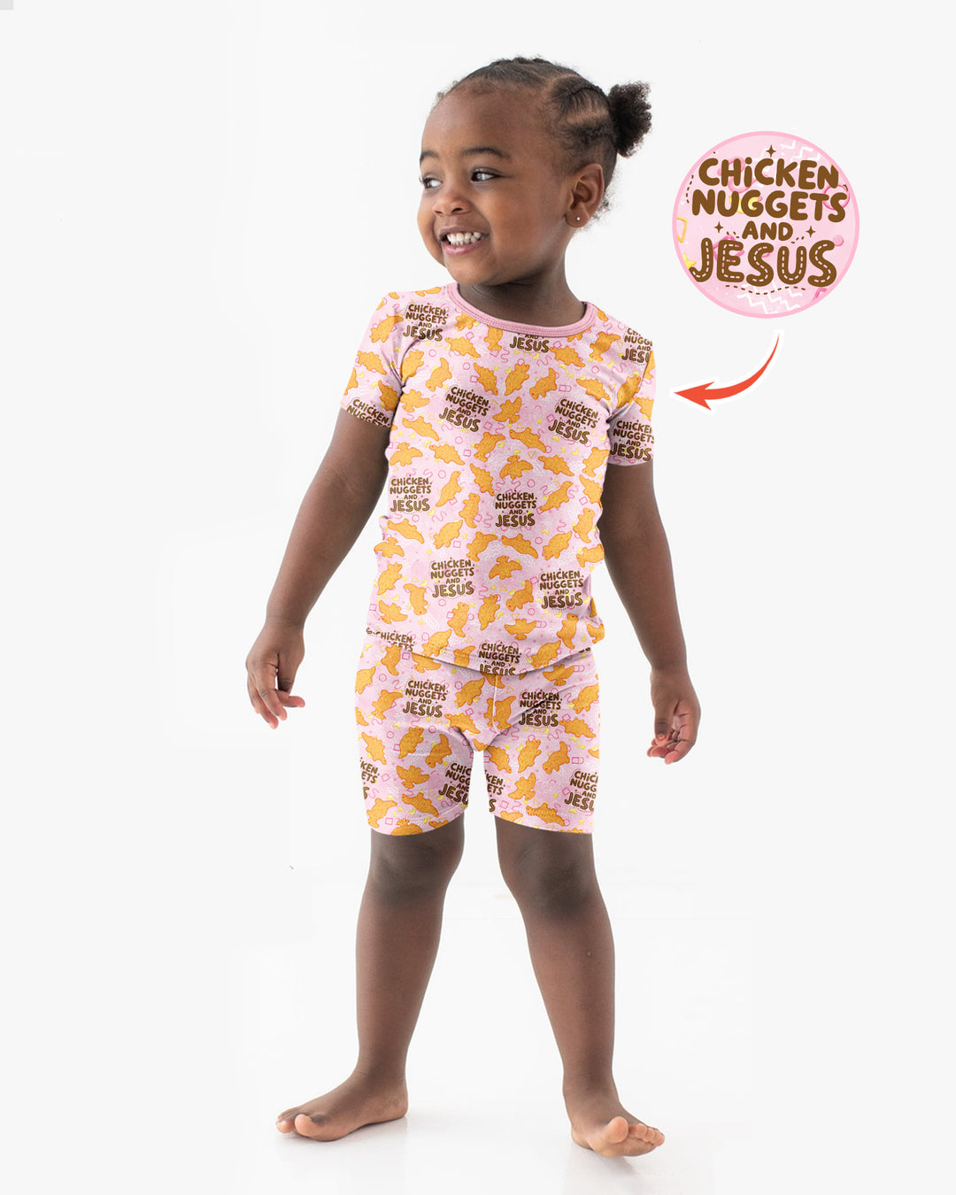 Chicken Nuggets and Jesus Family Matching Bamboo Two Piece Short Sleeve Shorts Pajama Set
