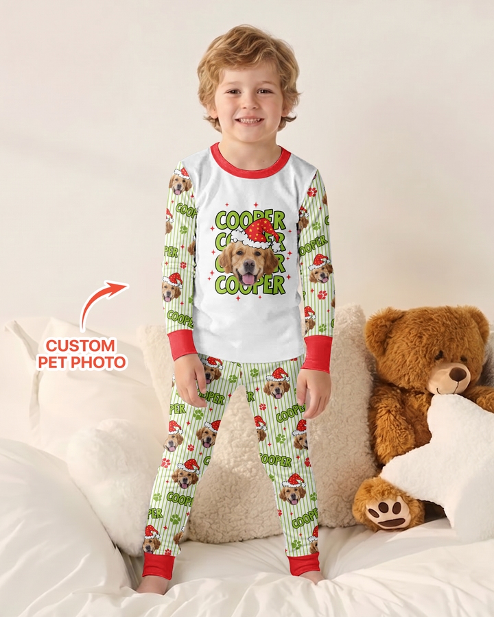 Personalized Pink Santa Dog Bamboo Two Piece Long Sleeve Pajama Set