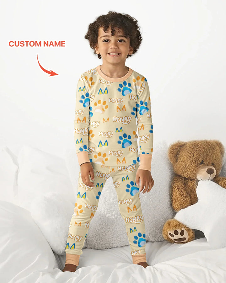 Custom Name Favourite Blue Dog Family Matching Bamboo Two Piece Long Sleeve Pajama Set