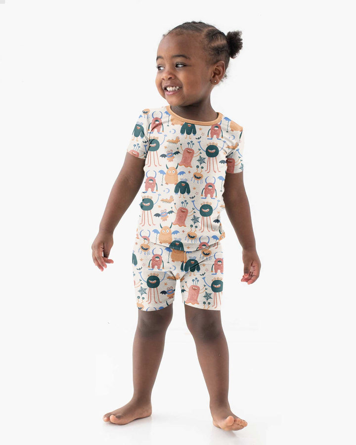 Monsters Fun Pastels Hand Painted Cute Bamboo Two Piece Short Sleeve Shorts Pajama Set