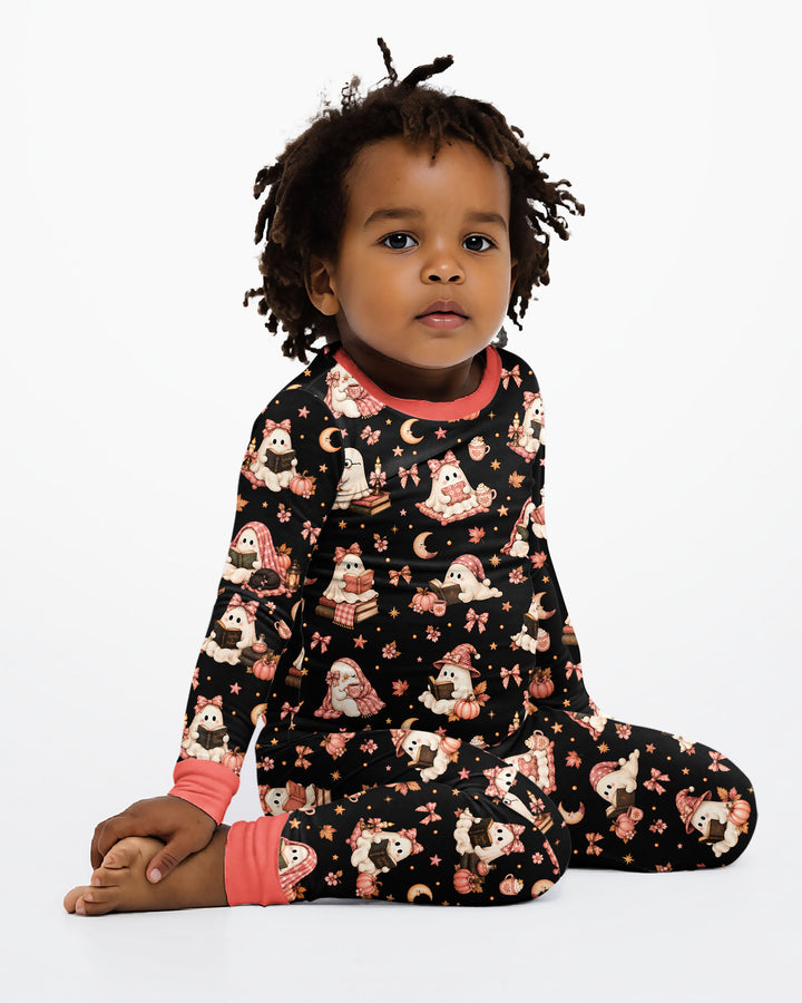 Coquette Bookish Ghost Halloween Bamboo Two Piece Long Sleeve Pajama Set