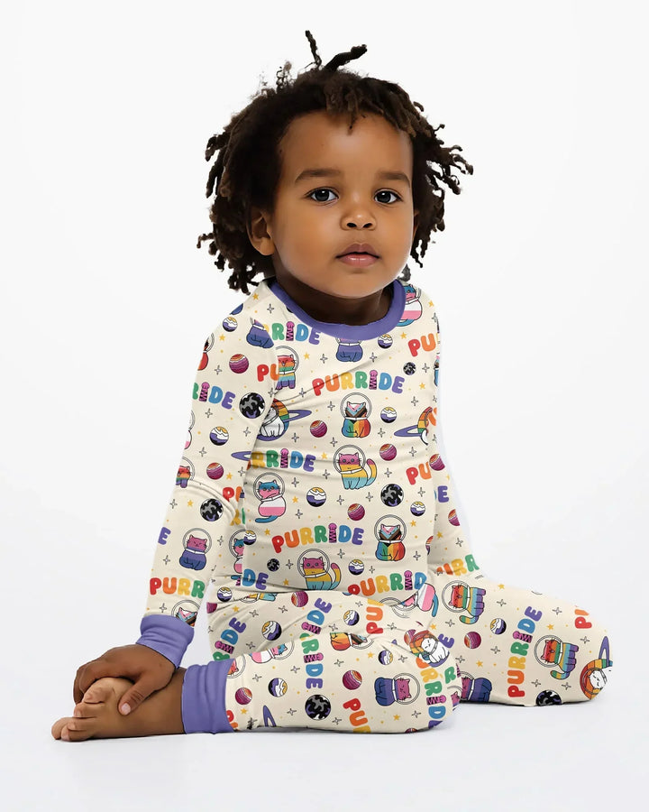 Rainbow Space Cats Family Matching Bamboo Two Piece Long Sleeve Pajama Set