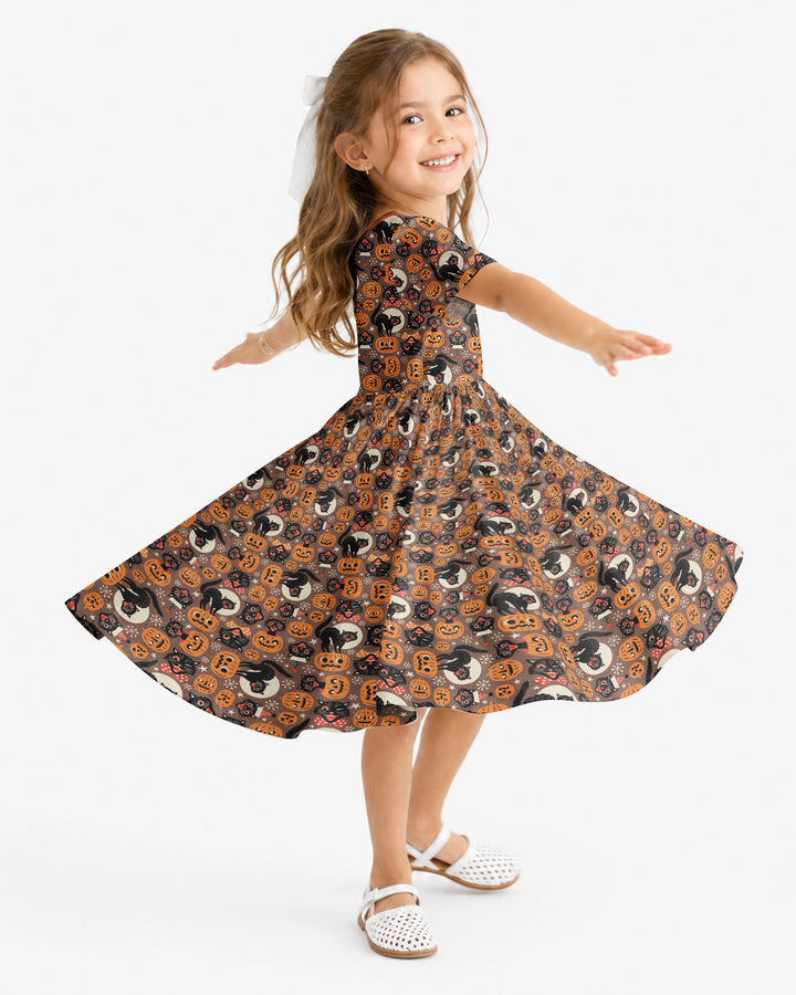 Vintage Halloween Black Cat Pumpkin Bamboo Twirl Dress