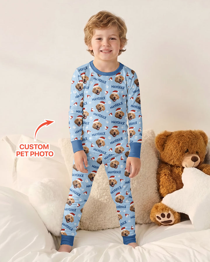 Custom Pet Photo Christmas Paws Stripe Bamboo Two Piece Long Sleeve Pajama Set