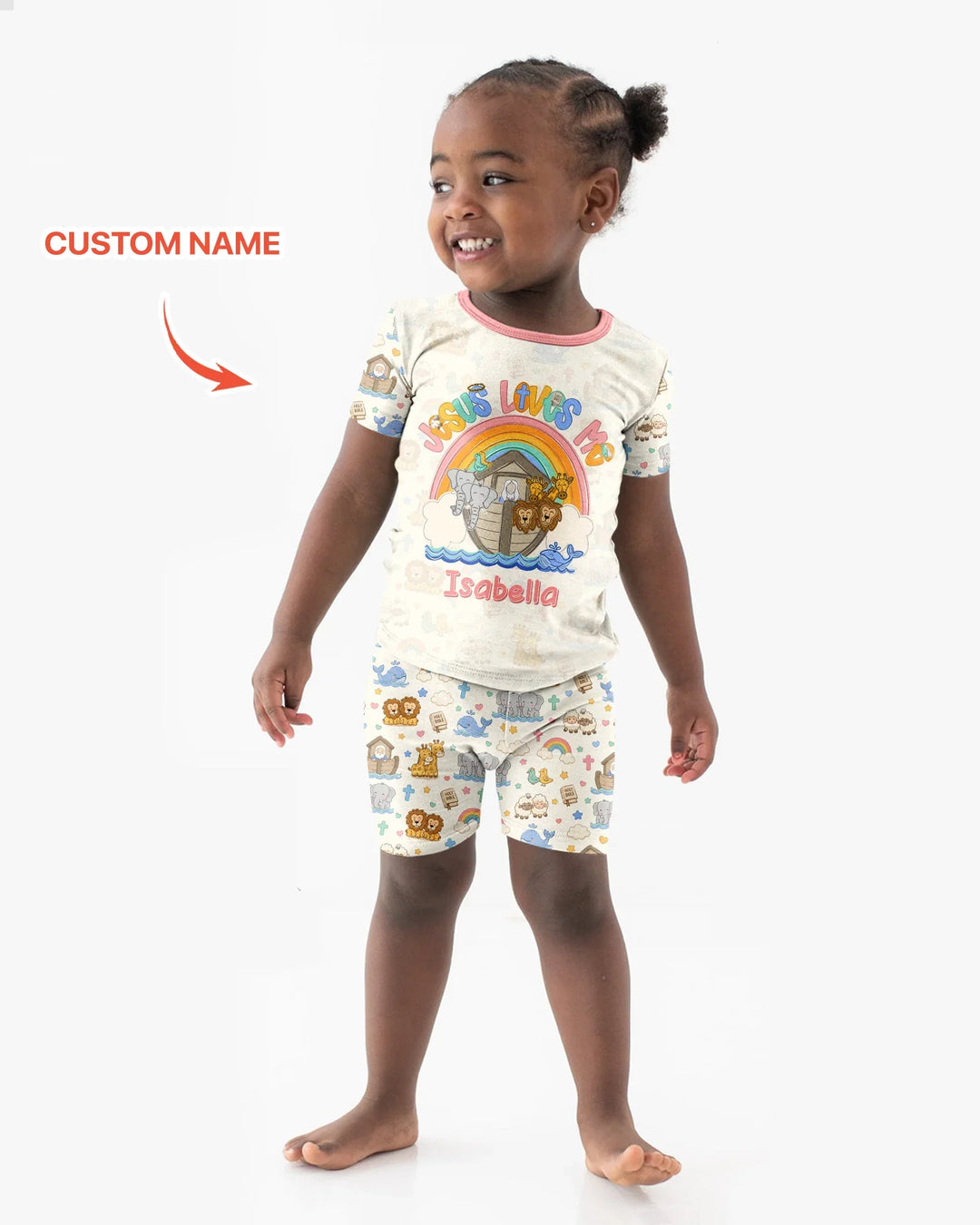 Custom Name Noah's Ark Jesus Loves Me Bamboo Two Piece Short Sleeve Shorts Pajama Set