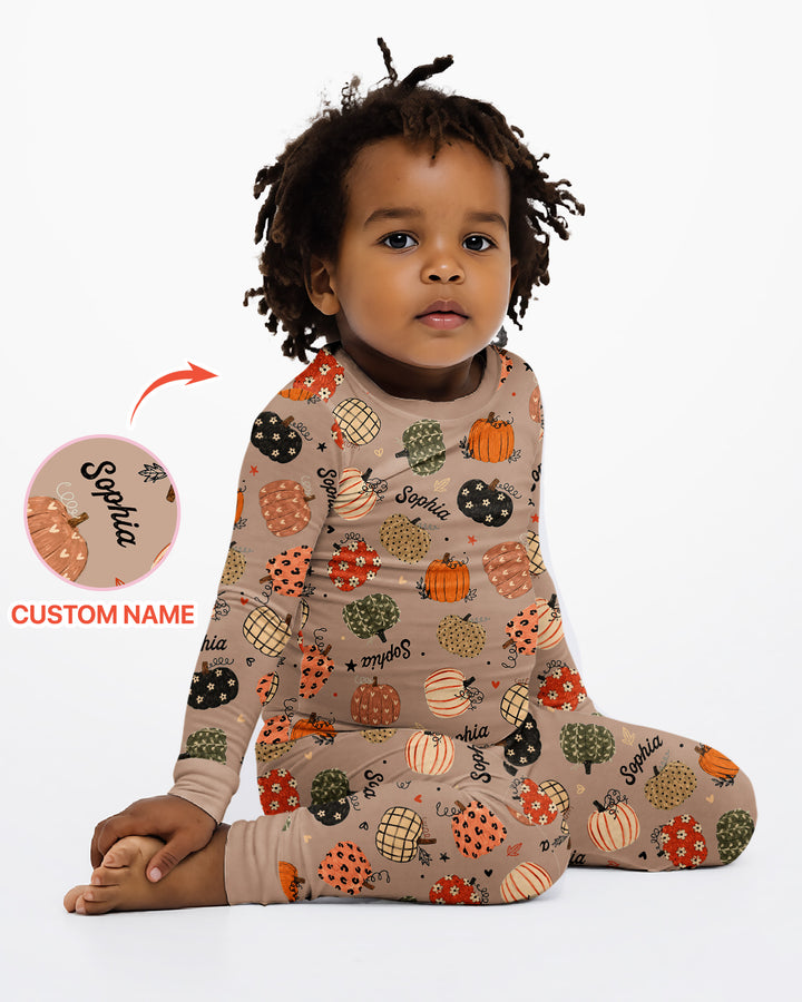 Custom Name Boho Pumpkin Bamboo Two Piece Long Sleeve Pajama Set