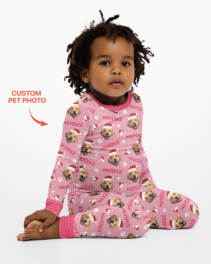 Custom Pet Photo Christmas Paws Stripe Bamboo Two Piece Long Sleeve Pajama Set