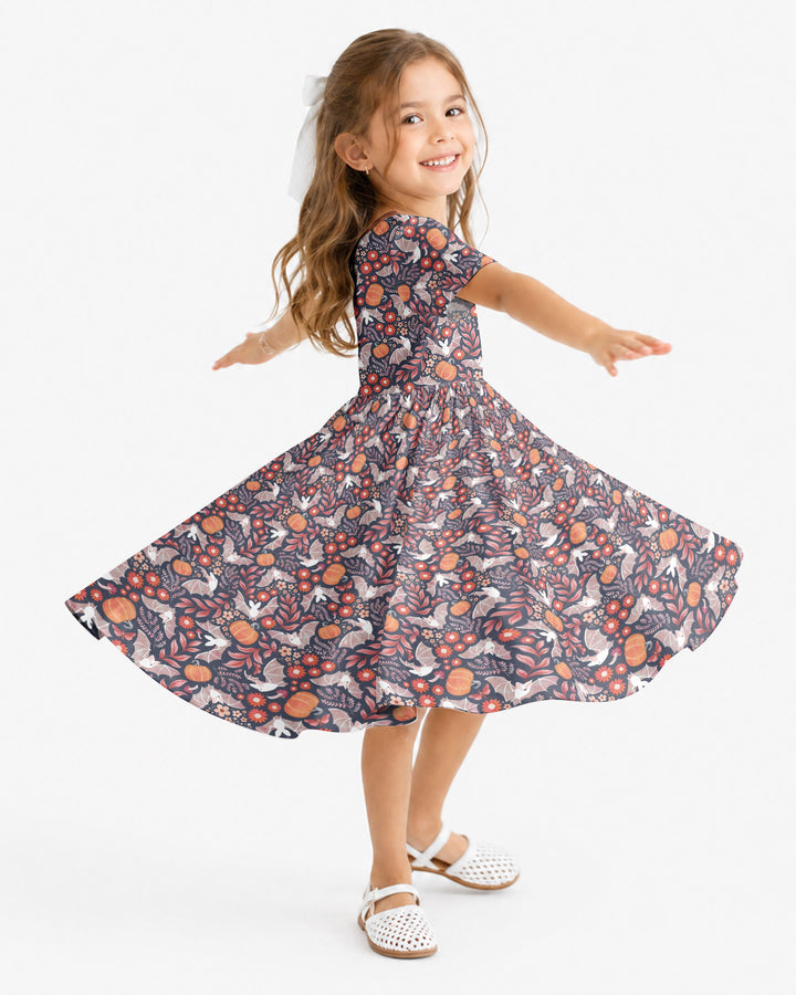 Bat Pumpkin Floral Halloween Bamboo Twirl Dress