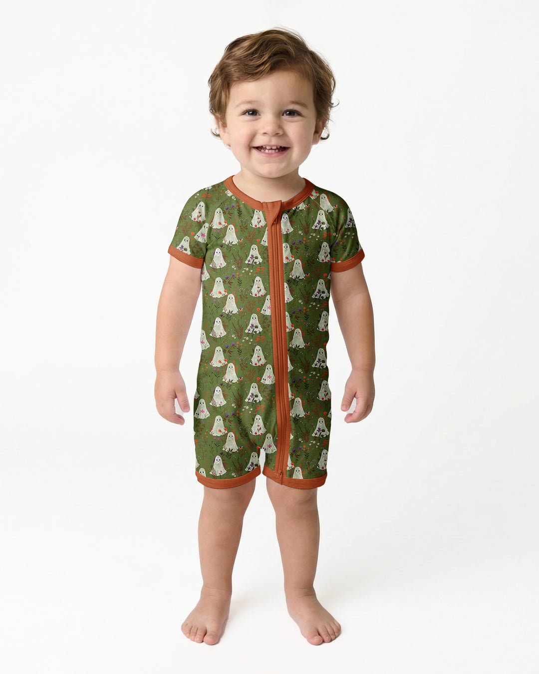 Cute Ghost Halloween Moss Green Floral Bamboo Shorty Zippy