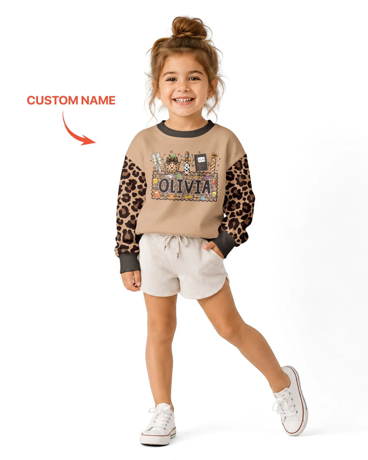 Custom Name School Sweetheart Leopard Bamboo Crewneck Sweatshirt