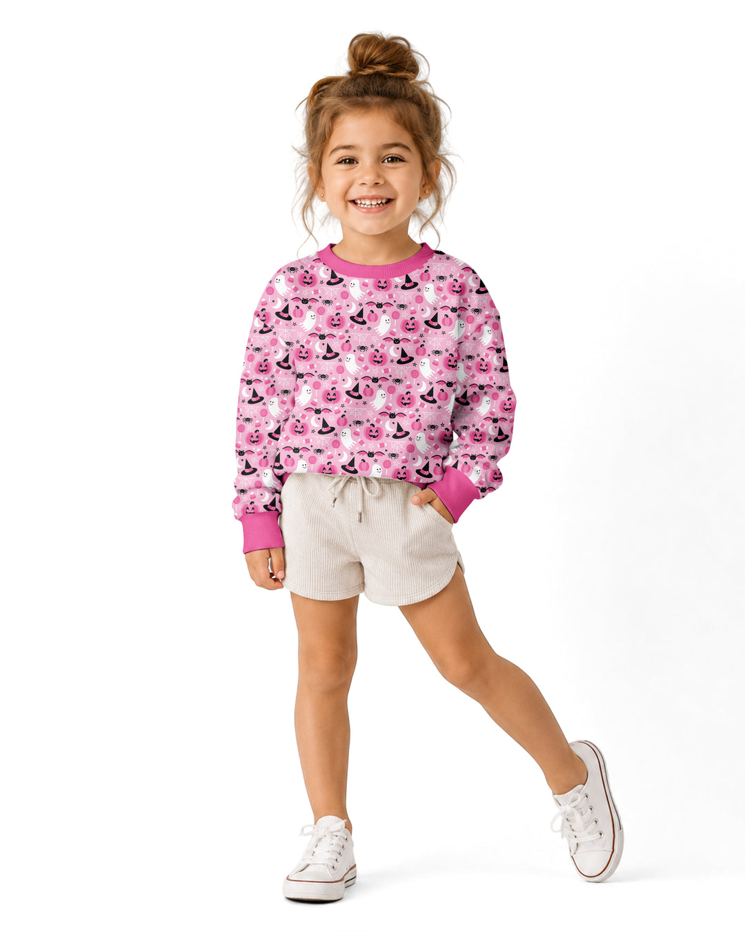 Cute Pink Halloween Ghost Pumpkin Witch Bamboo Crewneck Sweatshirt