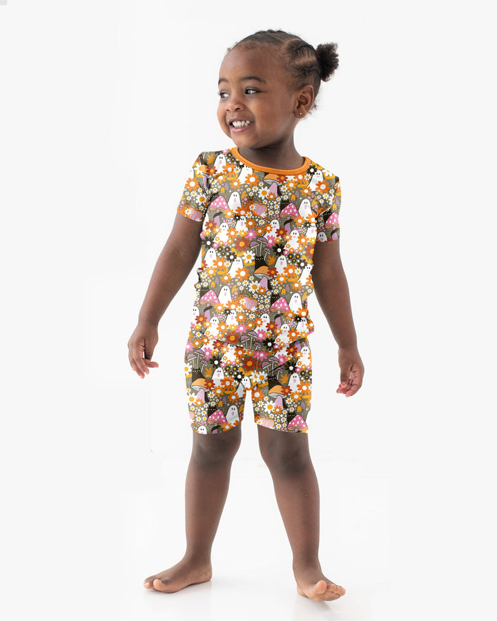 Retro Ghost Mushroom Floral Halloween Bamboo Two Piece Short Sleeve Shorts Pajama Set