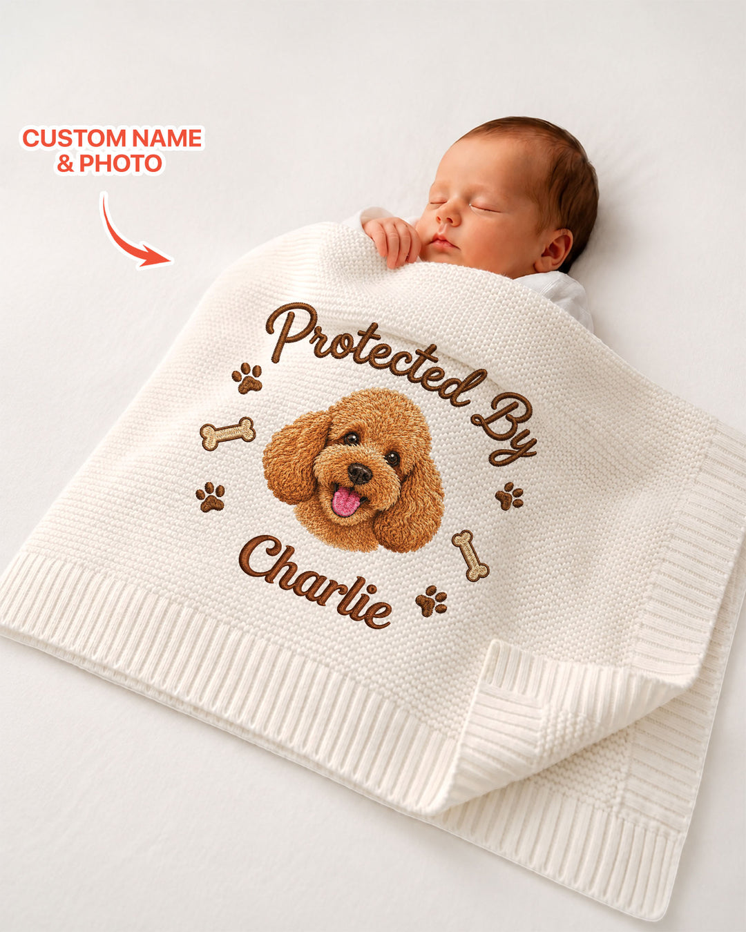 Protected By Dog Embroidered Baby Cotton Blanket