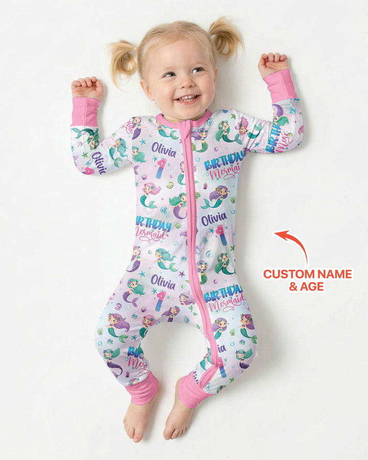 Custom Name and Age Birthday Mermaid Bamboo Convertible Zippy