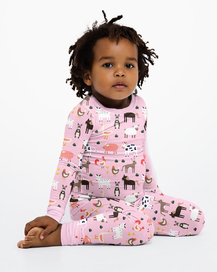 Pink Farm Animals Bamboo Two Piece Pyjamas Set