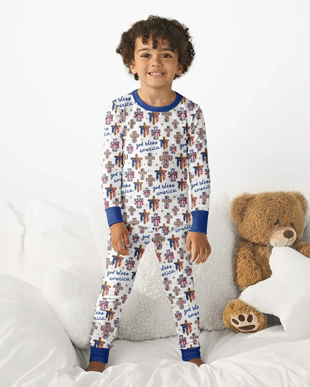 God Bless America Family Matching Bamboo Two Piece Long Sleeve Pajama Set
