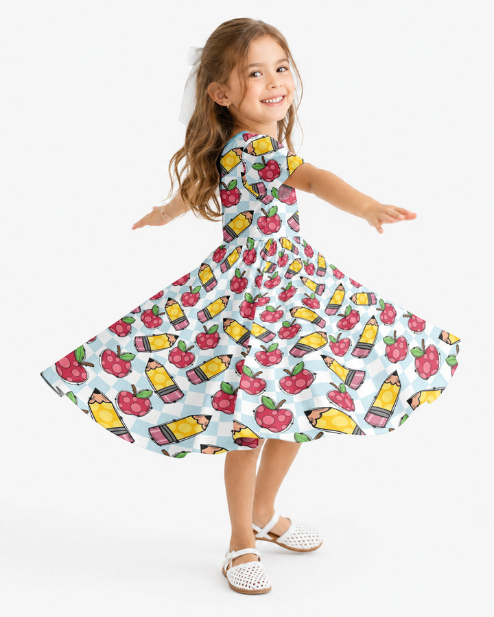 Checkered Apple Scribbles Bamboo Twirl Dress
