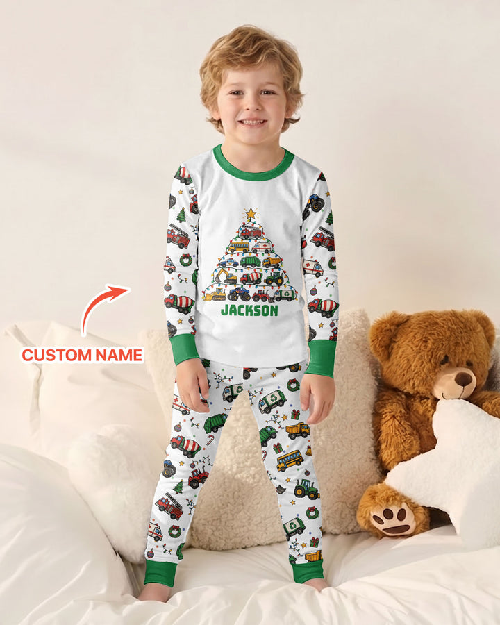 Custom Name Little Trucks Christmas Tree Bamboo Two Piece Long Sleeve Pajama Set