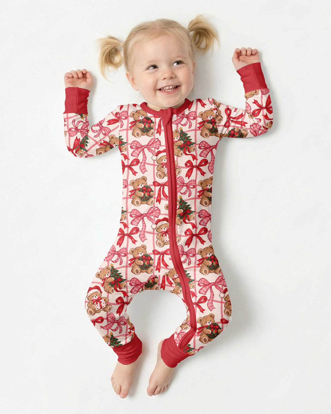 Pink Christmas Teddy Bear Plaid Mommy & Me Matching Bamboo Convertible Zippy