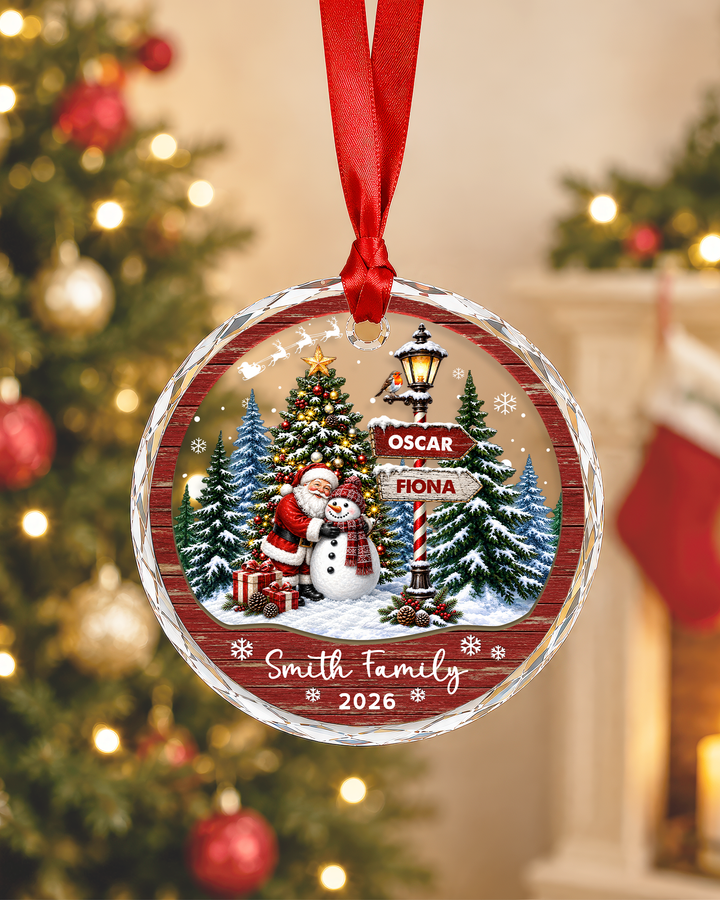 Vintage Christmas Family Signpost - Personalized Glass Ornament