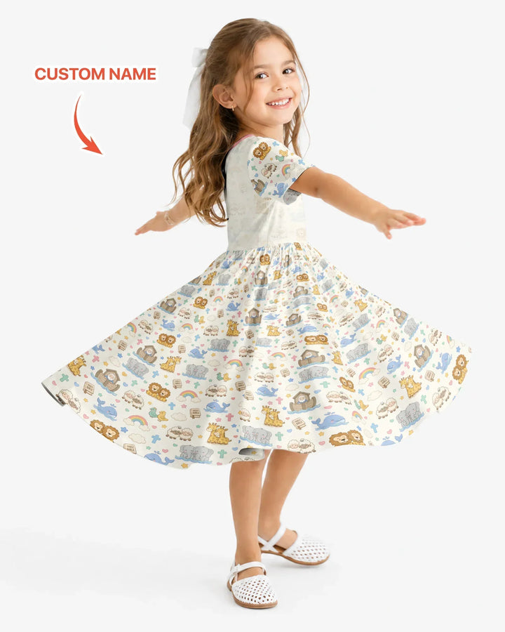 Custom Name Noah's Ark Jesus Loves Me Bamboo Twirl Dress