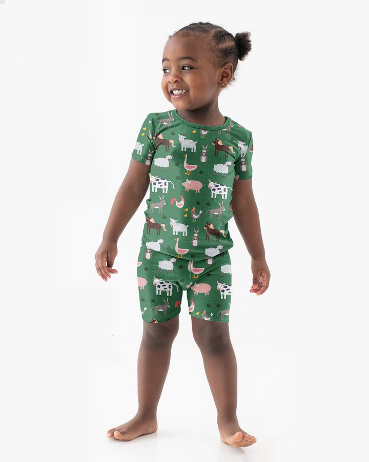 Green Farm Animals Bamboo Two Piece Short Sleeve Shorts Pyjamas Set