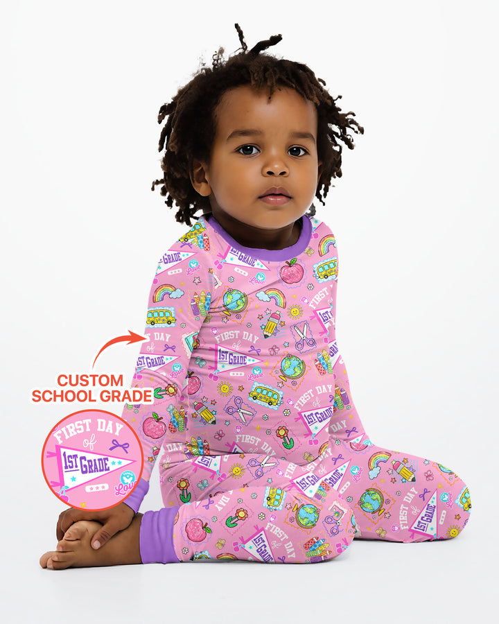 Custom Grade Girls School First Day Bamboo Two Piece Long Sleeve Pajama Set