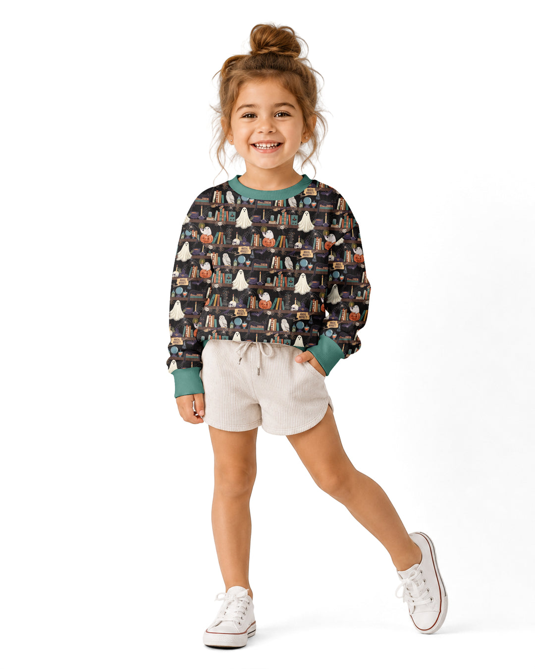 Cute Ghost Witchy Halloween Magic Library Bamboo Crewneck Sweatshirt
