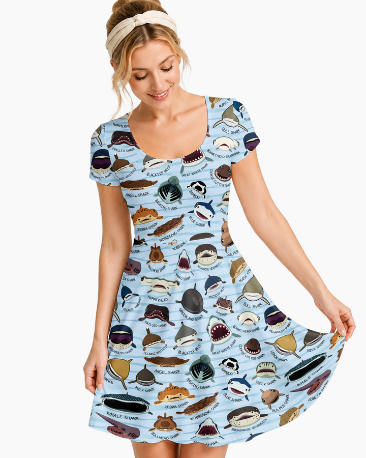 Shark Faces Bamboo Women’s Short Sleeve Twirl Dress