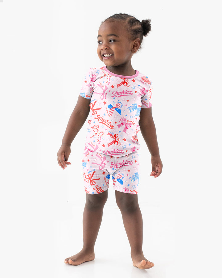 Pink Girly Patriotic  Bamboo Two Piece Short Sleeve Shorts Pajama Set