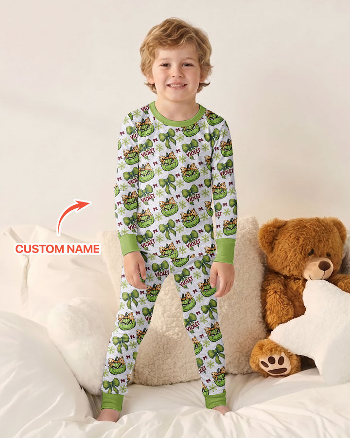 Custom Name Grumpy Green Christmas Bamboo Two Piece Long Sleeve Pajama Set