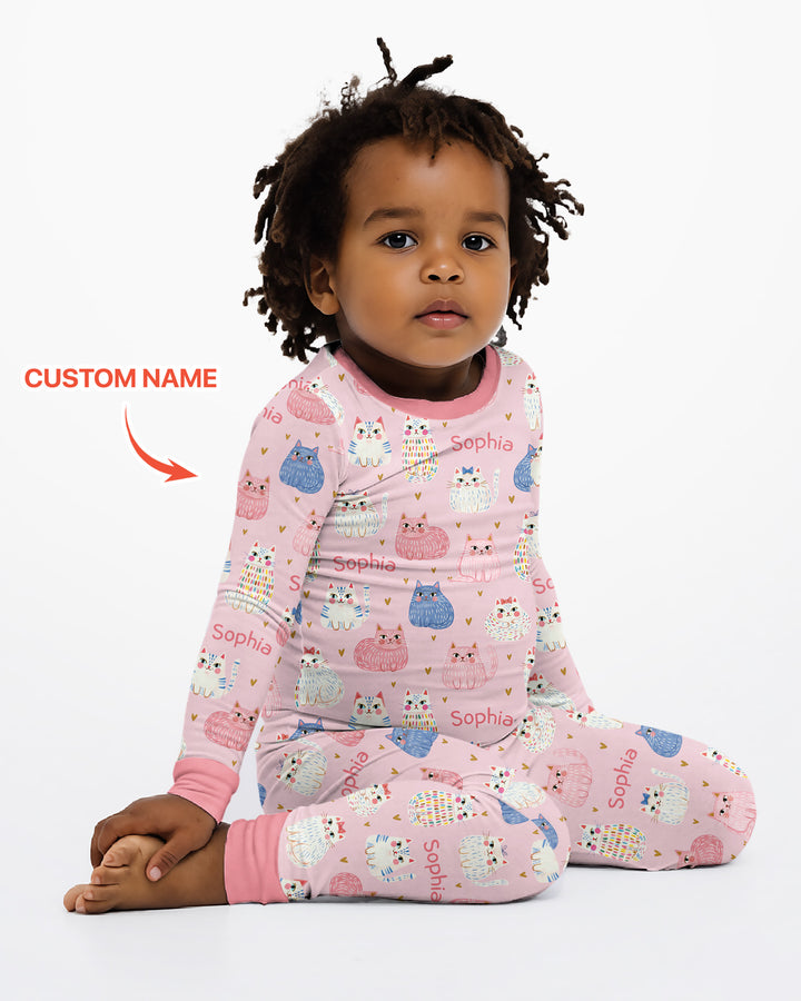 Custom Name Cute Pastel Cat Bamboo Two Piece Long Sleeve Pajama Set