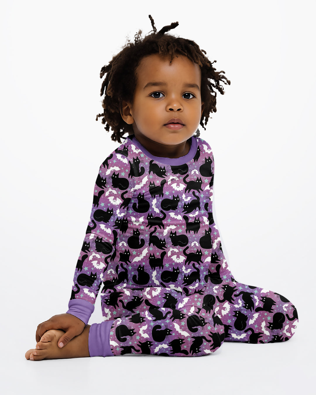 Spooky Black Cat Halloween Purple Bats Bamboo Two Piece Long Sleeve Pajama Set