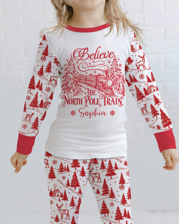 Custom Name North Pole Train Bamboo Two Piece Long Sleeve Pajama Set
