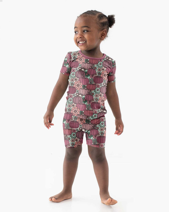 Retro Floral Pumpkin Patch Bamboo Two Piece Short Sleeve Shorts Pajama Set