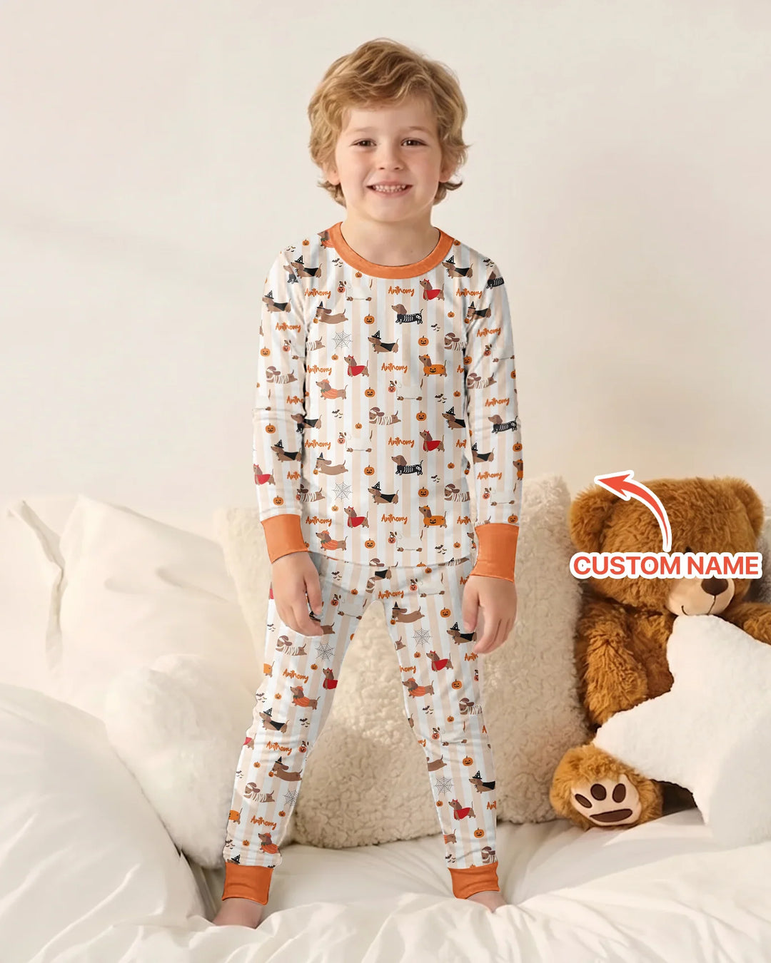 Custom Name Boo Crew Halloween Dachshund  Bamboo Two Piece Long Sleeve Pajama Set