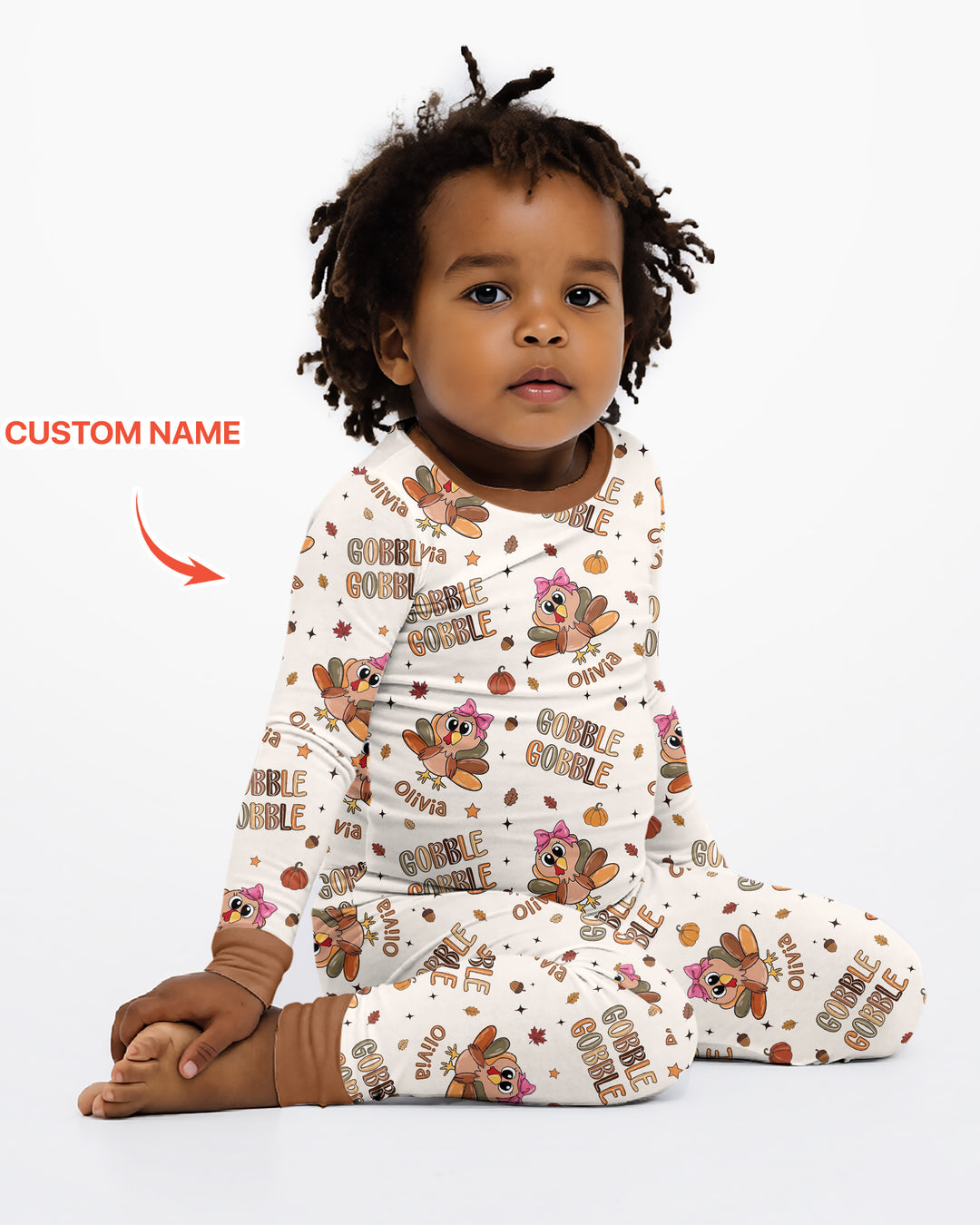 Custom Name Gobble Gobble Bamboo Two Piece Long Sleeve Pajama Set