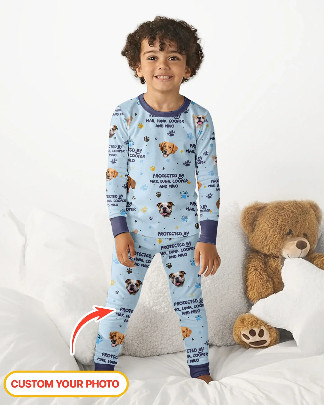 Custom Dog Photos "Protected By" Pawfect Blue Bamboo Two Piece Long Sleeve Pyjamas Set