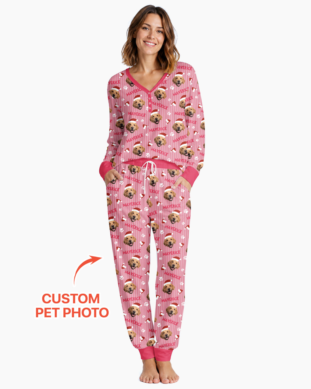 Custom Pet Photo Christmas Paws Stripe Bamboo Women Pajama Set
