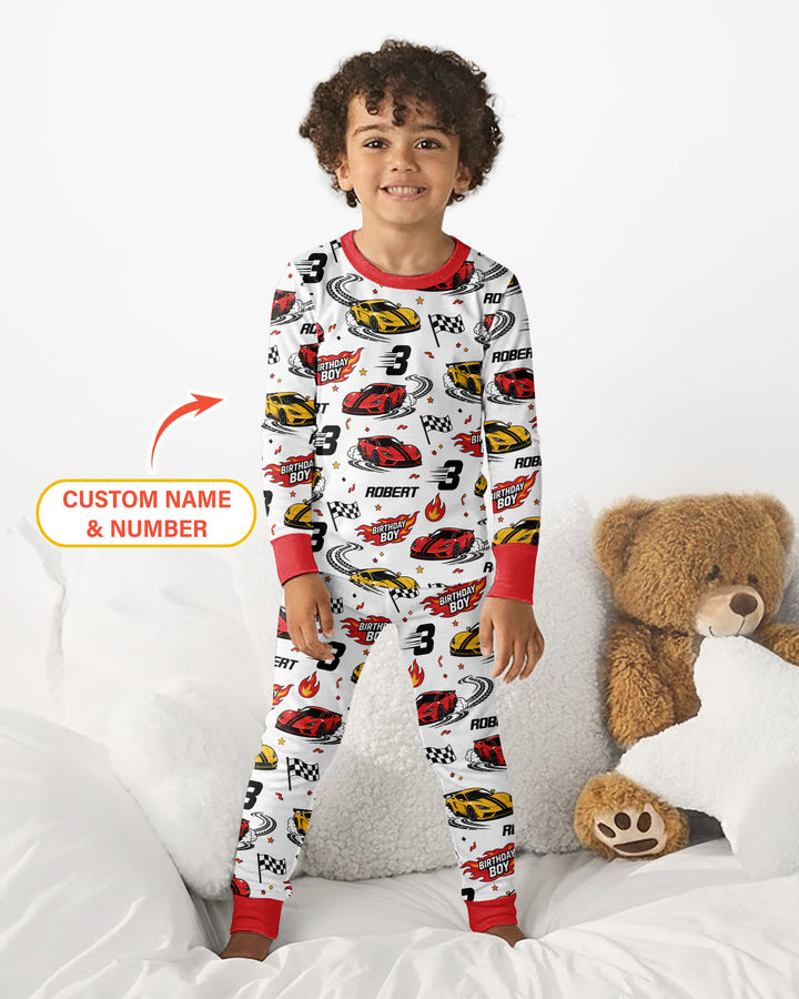 Personalized Racing Car Birthday Boy Bamboo Two Piece Long Sleeve Pajama Set