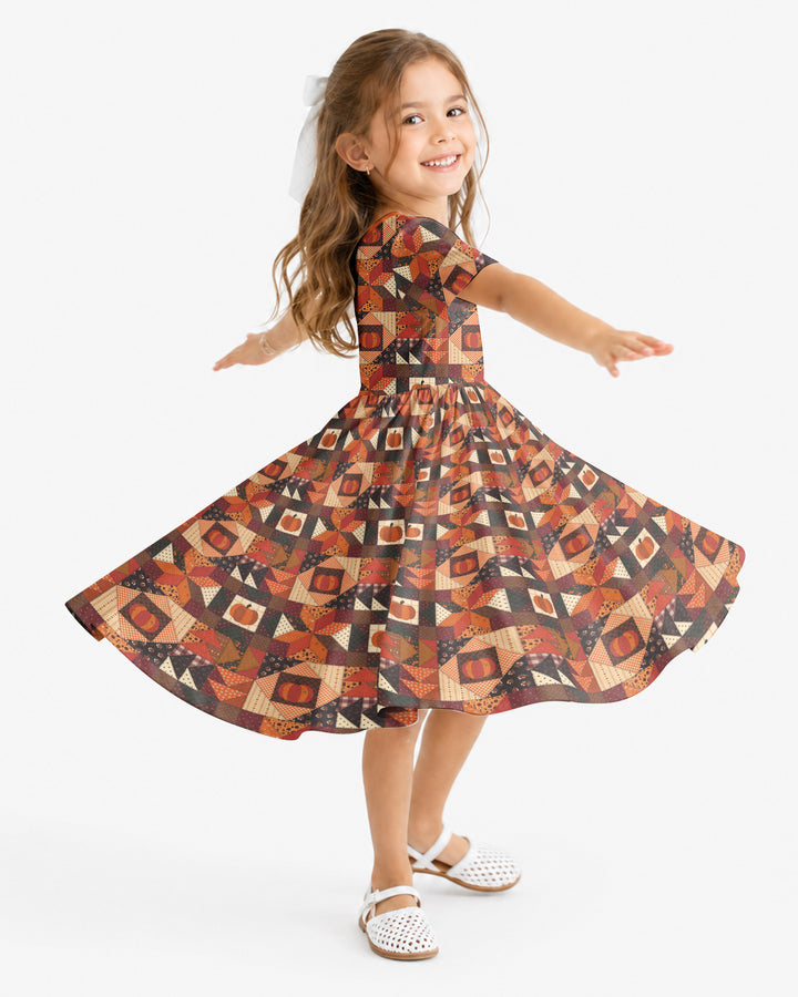 Vintage Pumpkin Patchwork Fall Bamboo Twirl Dress