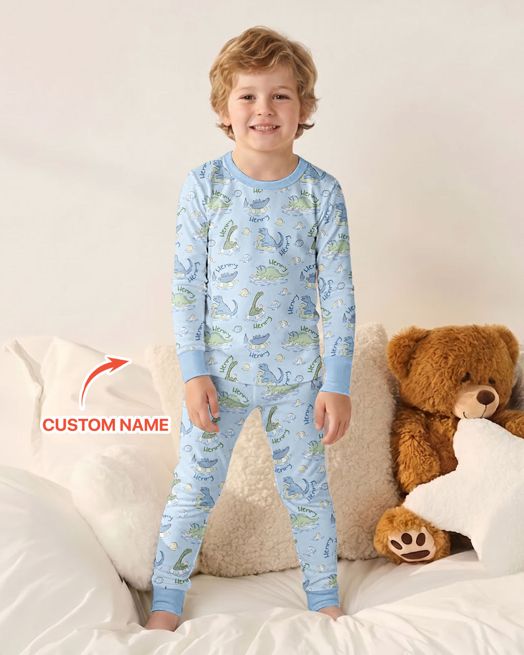 Dinos Swimming Custom Name Bamboo Two Piece Long Sleeve Pajama Set