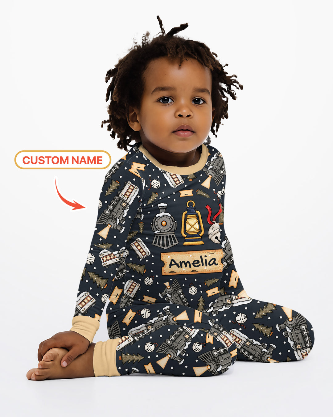 Custom Name Believe Kid Train Bamboo Two Piece Long Sleeve Pajama Set