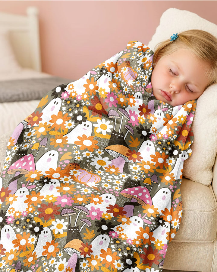 Retro Ghost Mushroom Floral Halloween Bamboo Blanket
