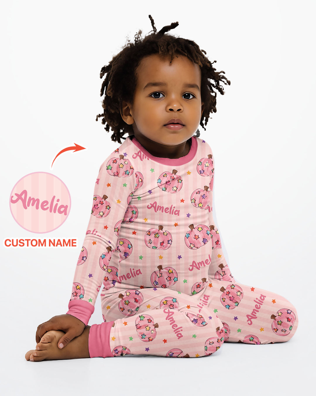 Colorful Star Pumpkin Custom Name Bamboo Two Piece Long Sleeve Pajama Set