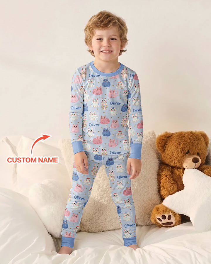 Custom Name Cute Pastel Cat Bamboo Two Piece Long Sleeve Pajama Set