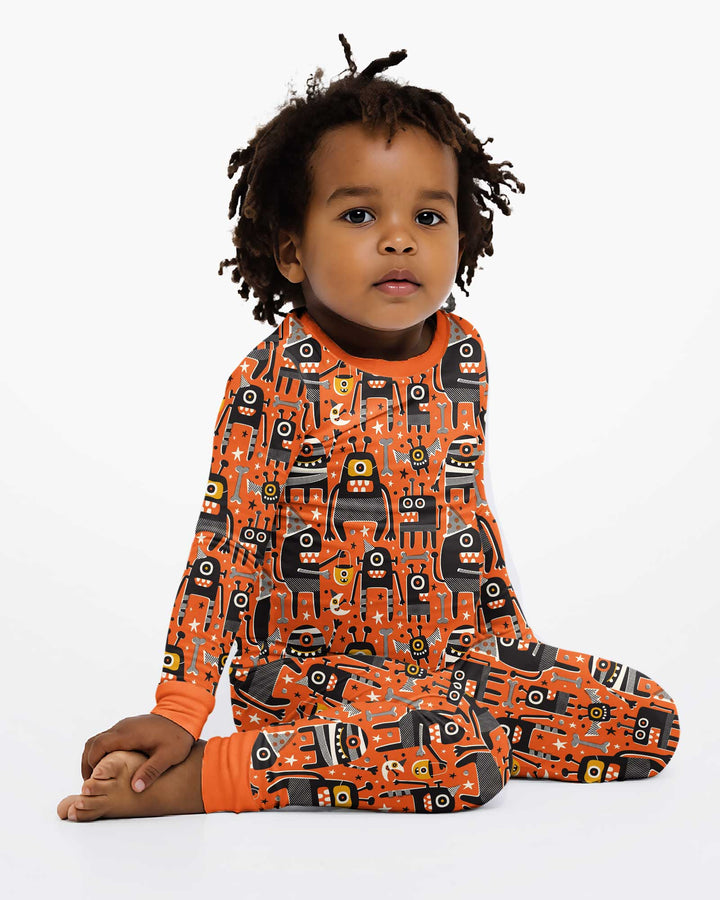 Mid Century Halloween Monster Toss Bamboo Two Piece Long Sleeve Pajama Set