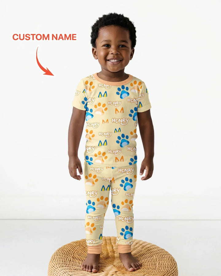 Custom Name Favourite Blue Dog Family Matching Bamboo Two Piece Short Sleeve Pajama Set