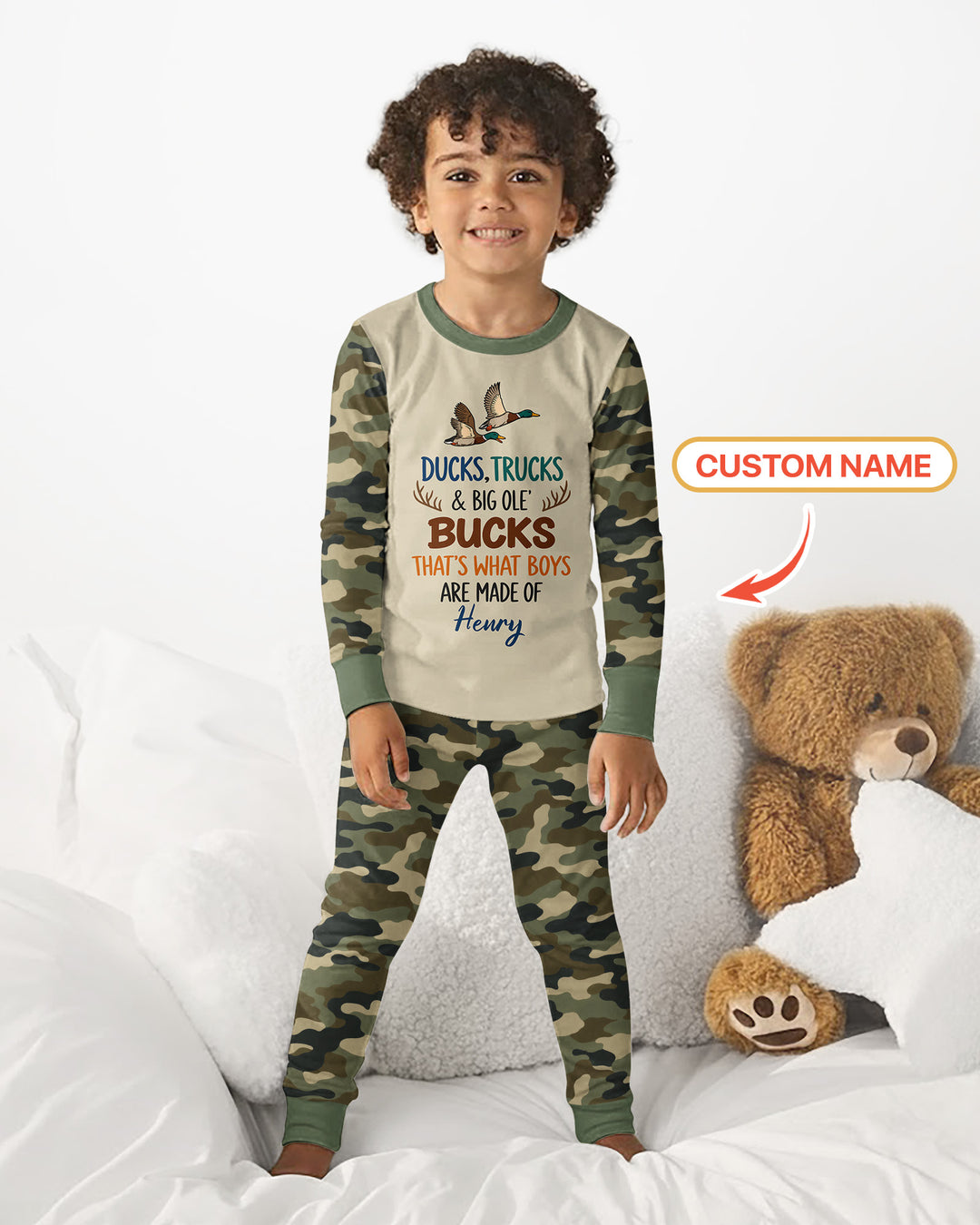 Custom Name Ducks, Trucks & Big Ole' Bucks Bamboo Two Piece Long Sleeve Pajama Set